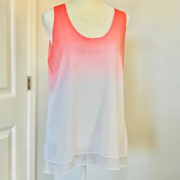 Calvin Klein Sheer Ombré Dip Dye Coral Pink & White Flowy Layered Tunic Tank Top - Picture 2 of 8